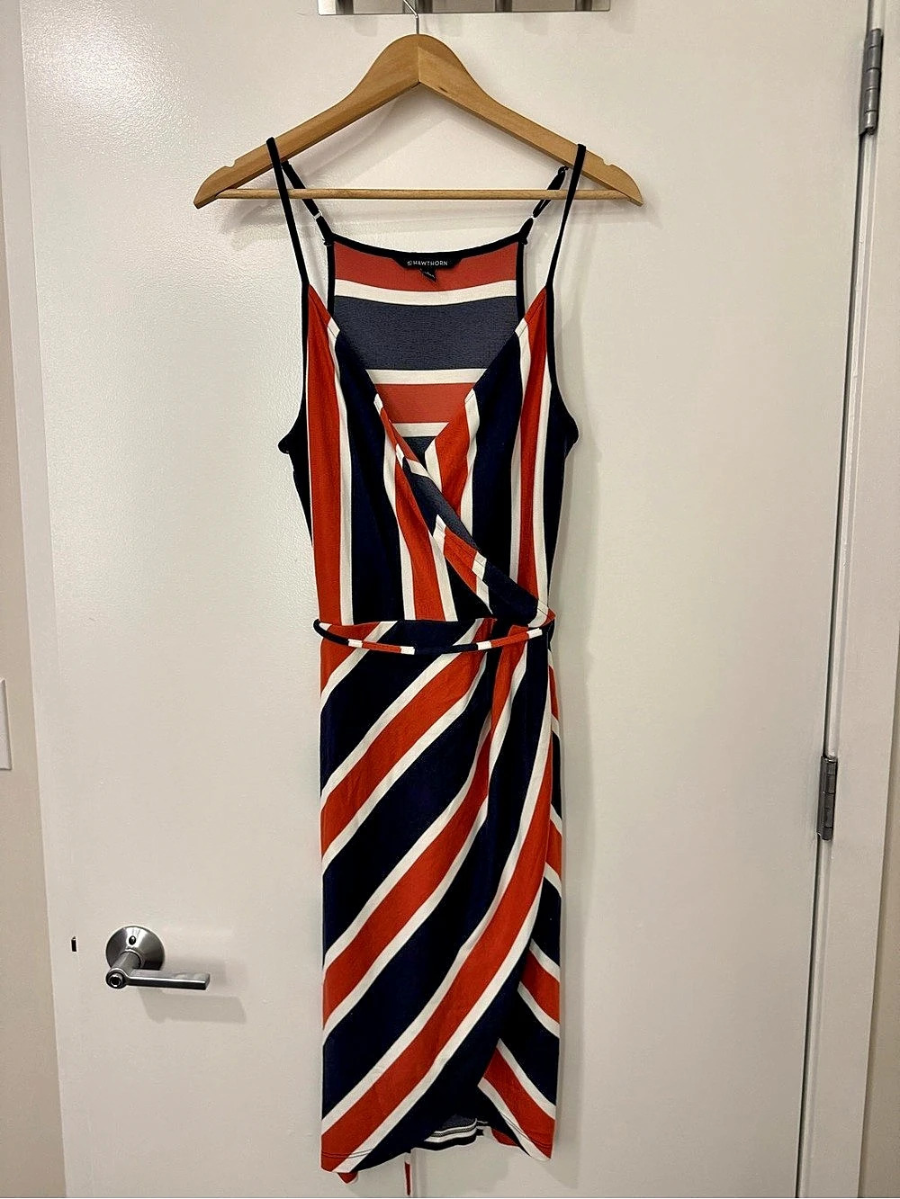 41 Hawthorn Striped Wrap-Style Dress – Rust, Navy & Cream